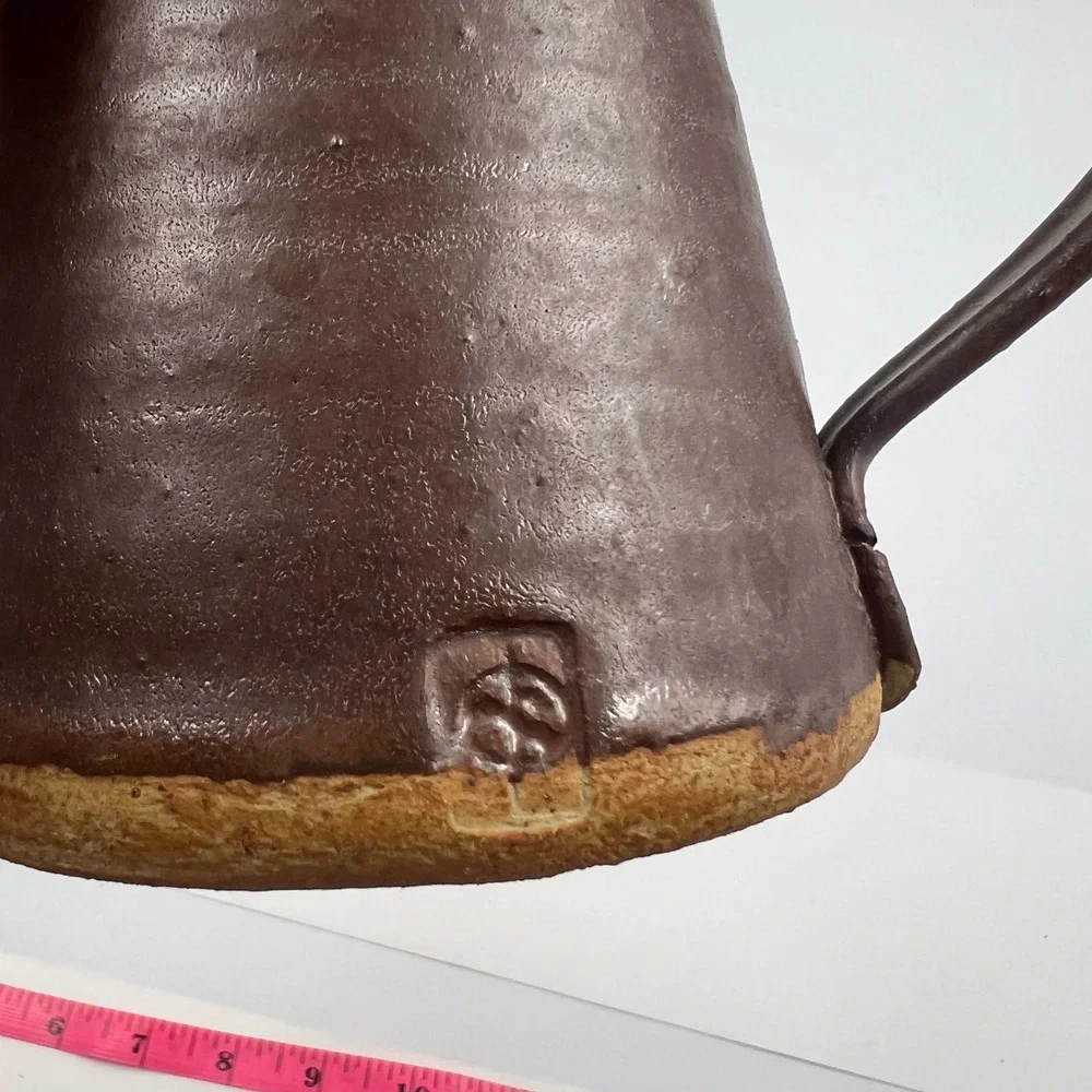 Vtg Handmade Stoneware Pitcher Brown Tan Drip Glaze Signed Studio Pottery
